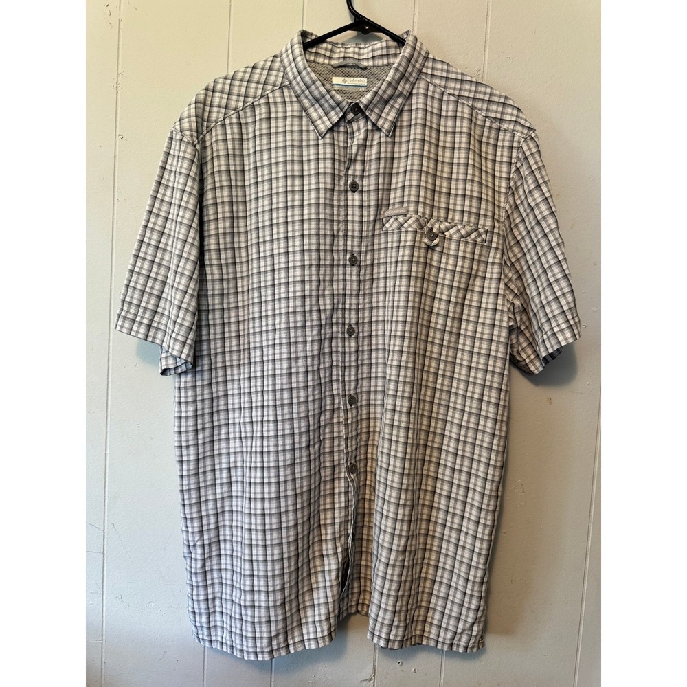 Columbia Mens‎ Plaid Short Sleeve Button Down Shirt Grey White XM7027 Large